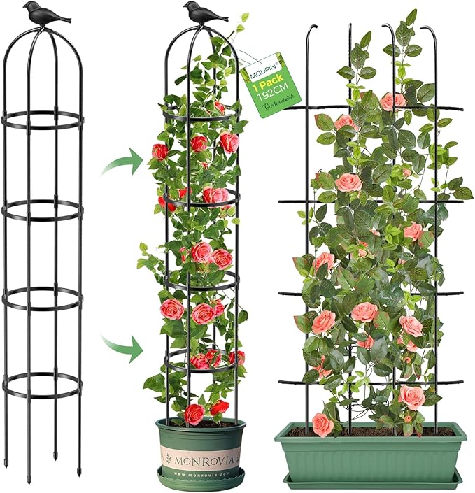 Tower Obelisk Garden Trellis for Climbing Plant，6.3FT/75.6" Rustproof Metal Potted Plant Climbing Support for Indoor Outdoor Flowers Vegetable Fruits Vines Support (1PCS)