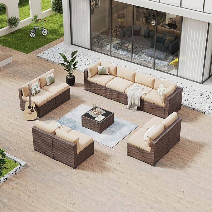 Aoxun 11 Piece Patio Furniture Set Wicker Rattan Patio Conversation Set Outdoor Sectional Sofa Set with Coffee Table and Thickened Cushions, Beige(Waterproof Cover Included)