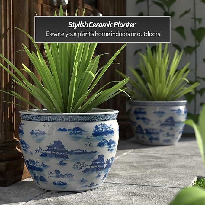 Red Lantern 18" Porcelain Fishbowl Blue & White Landscape Planter
