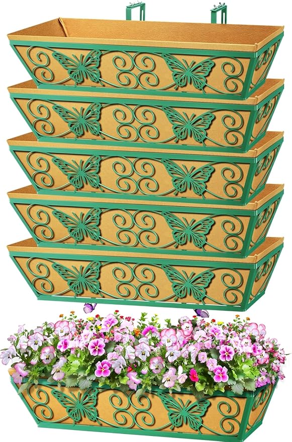 6 Pack 24 Inch Window Boxes Planters Railing Planter Box with Adjustable Brackets for Porch Fence Patio Balcony Hanging Flower Baskets with Woven Fabric for Outdoor Garden Decor - Green