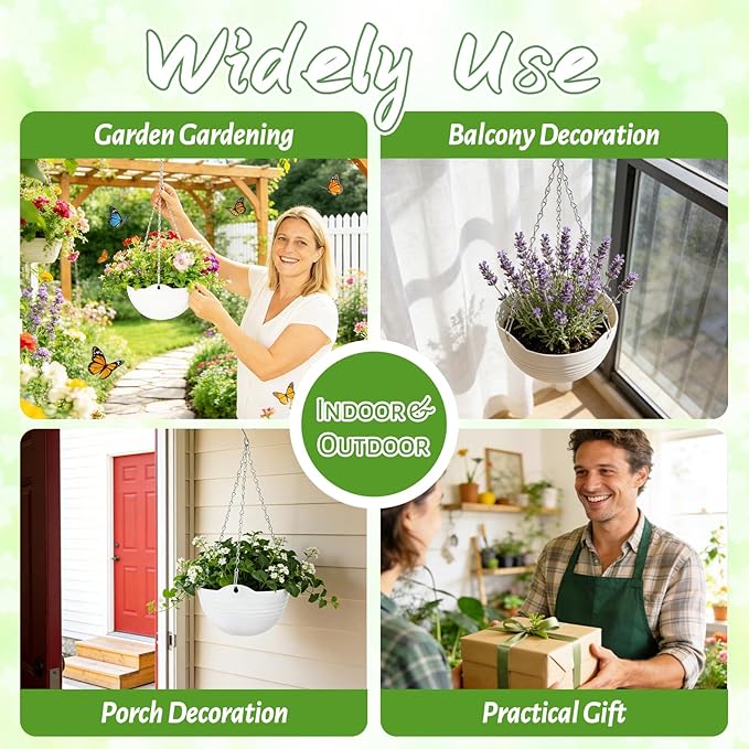 Bvrbaory 4 Pack 8 inch White Hanging Planters,Self-Watering Indoor Outdoor Plant Pots,Round Hanging Basket with Water Tray Metal Chain for Garden,Porch,Wall Decoration