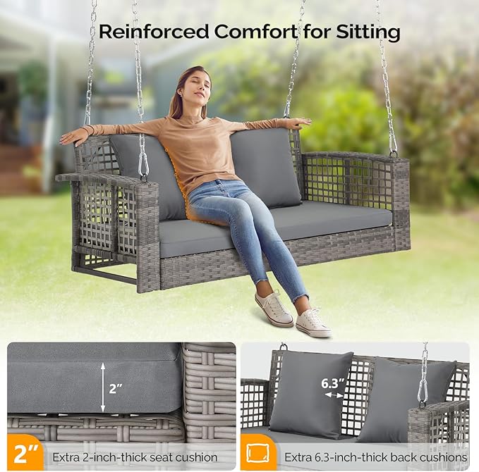 VINGLI 4 FT Rattan Porch Swing Outdoor Support 800 LBS with Cushions & Adjustable Chains, Patio Wicker Swing Bench Chair for Garden, Yard, Lawn, Tree, Grey