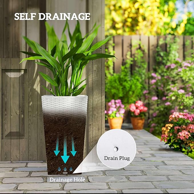 Outsunny Tall Planters for Outdoor Plants Set of 3, 24 in Taper Planters with Drainage Holes, Rattan Decor Plant Pots for Indoor Outdoor Front Porch Patio Backyard, White