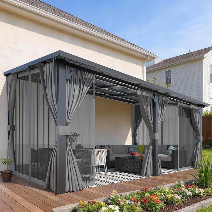 AECOJOY 16'x10' Outdoor Hardtop Gazebo Pergola with Curtains and Netting for Patio, 10x16 Large Steel Heavy Duty Lean to Wall-Mounted Pergolas and Grill Gazebos Clearance, Metal Roof Awnings for Decks