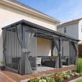 AECOJOY 16'x10' Outdoor Hardtop Gazebo Pergola with Curtains and Netting for Patio, 10x16 Large Steel Heavy Duty Lean to Wall-Mounted Pergolas and Grill Gazebos Clearance, Metal Roof Awnings for Decks