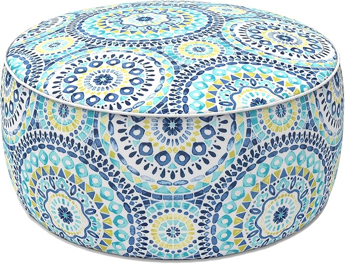 LVTXIII Indoor/Outdoor Inflatable Ottoman with Handle D21 x H9 Inch, Weather-Resistant Round Footstool Pouf for Patio Camping Living Room, Portable Footrest Extra Seating, Delancey Lagoon