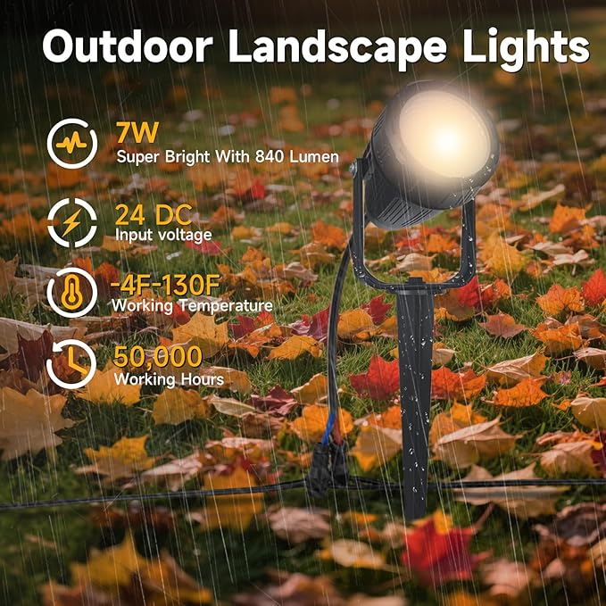 Low Voltage Safety Landscape Lights Outdoor: 7W 840LM LED Landscape Lighting with Connectors & Transformer for Tree Garden Yard Pathway | 24V Warm Yellow 3000K Spotlights | IP65 Waterproof | 12 Pack
