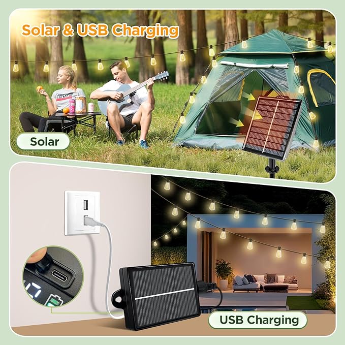 Solar String Lights Outdoor Waterproof with Remote & Timer, LED Shatterproof ST38 Bulbs, USB & Solar Powered Patio Lights for Backyard, Porch, Garden, Wedding, Christmas Decor (25FT)