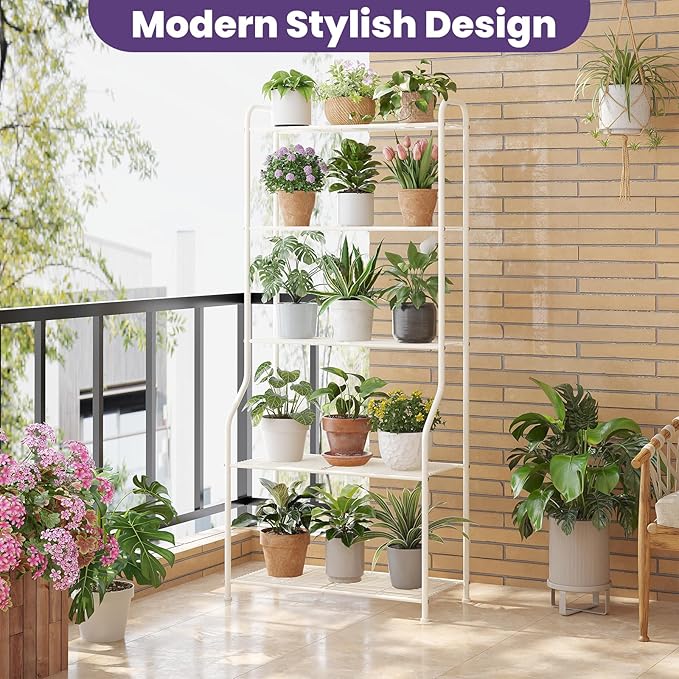 5-Tier Corner Plant Stand, Metal Black Flower Pot Rack, Indoor Outdoor Heavy Duty Shelf (Cream, 5 Tier)