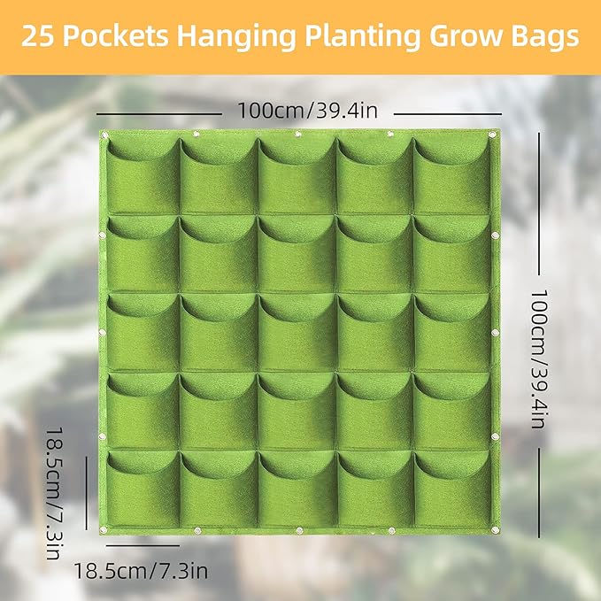 LITLANDSTAR Planter, 25 Pockets Hanging Vertical Wall Bag, Green (1.0 m × 1.0 m), Indoor-Outdoor Use