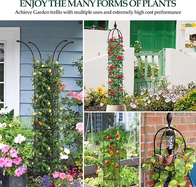 Garden Obelisk Trellis for Climbing Plants Outdoor, 6.6ft Tall Rustproof Coated Metal Plant Support with Garden Twist Tie for Tomato Cucumber Ivy Vines Rose Potted Plant Trellis 1 Pack