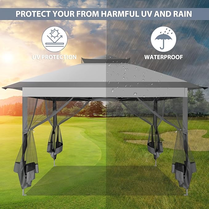 COBIZI 11x11 Pop Up Gazebo One-Push Canopy Tent, Carpas Para Patio, Outdoor Canopy Shelter with Double Roof Ventiation 121 Square Feet of Shade for Lawn, Garden, Backyard and Deck, Gray (Upgraded 2.0)