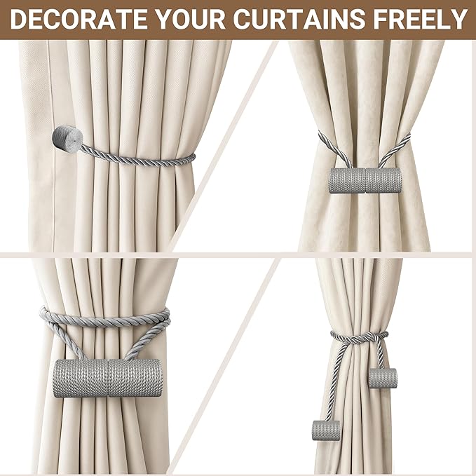 Hion Magnetic Curtain Tiebacks Grey 2pcs, Curtain Tiebacks Buckles Holdbacks Holders Hooks Clip for Home Bedroom Office Decorative Curtain