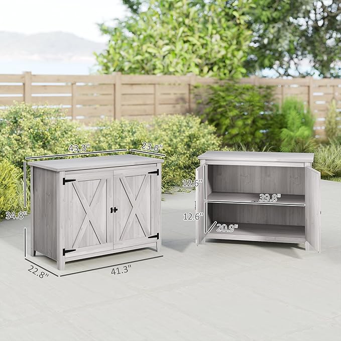 Outsunny Wood Garden Shed, Compact Outdoor Storage Cabinet Potting Shed with Inner Shelf and Double Doors for Backyard, Patio, Lawn, Light Gray