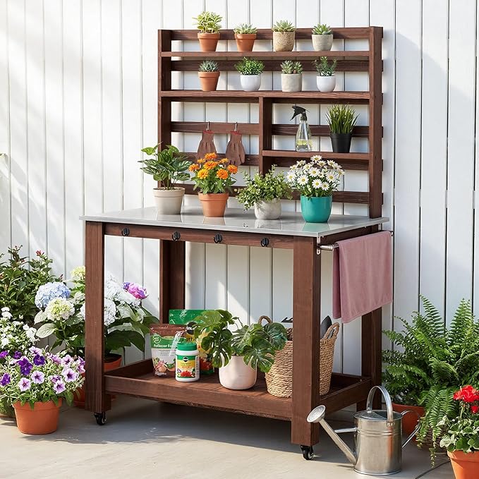 VEVOR Potting Bench Table, Outdoor Gardening Workstation with 45 x 26 in Stainless Steel Tabletop, Storage Shelves, 4 Casters, Hooks, Garden Planting Work Station for Outside Patio, Backyard, Brown
