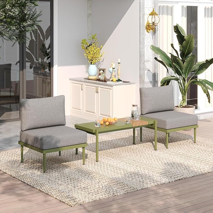 Sundale Outdoor 3 Pieces Patio Furniture Set, Metal Outdoor Sectional Sofa with Coffee Table, All-Weather Modern Outdoor Conversation Sets for Balcony, Porch, Poolside, Sunroom