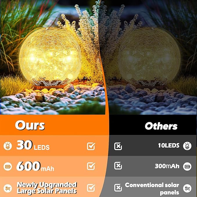 Coroor Garden Solar Ball Lights Outdoor Waterproof, 30 LED Cracked Glass Globe Solar Power Ground Lights for Path Yard Patio Lawn, Christmas Decoration Landscape Warm White(2 Pack 3.9'')