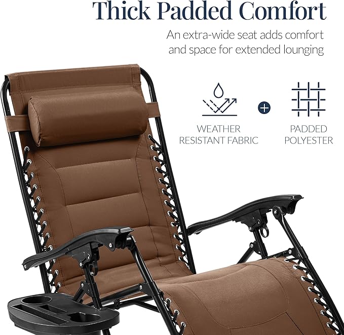 Best Choice Products Oversized Padded Zero Gravity Chair, Folding Outdoor Patio Recliner, XL Anti Gravity Lounger for Backyard w/Headrest, Cup Holder, Side Tray, Polyester Mesh - Dark Brown