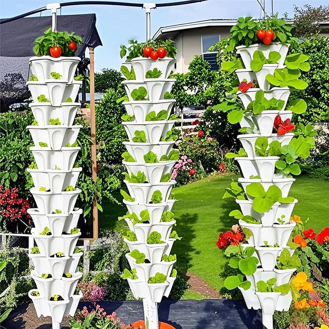 7 Tiered Strawberry Planters 3 Pack, Vertical Stackable Planter, Herb Stacking Tower Garden, Flower and Vegetable Planters with Support Pole Indoor & Outdoor with Removable Wheels - White