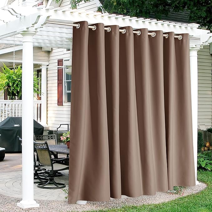 RYB HOME Extra Wide Outdoor Curtains for Patio Waterproof Heavy Duty Thermal Insulated in Summer Full Coverage Privacy for Porch, Cabana & Pool, W120 x L95, Mocha, 1 Panel