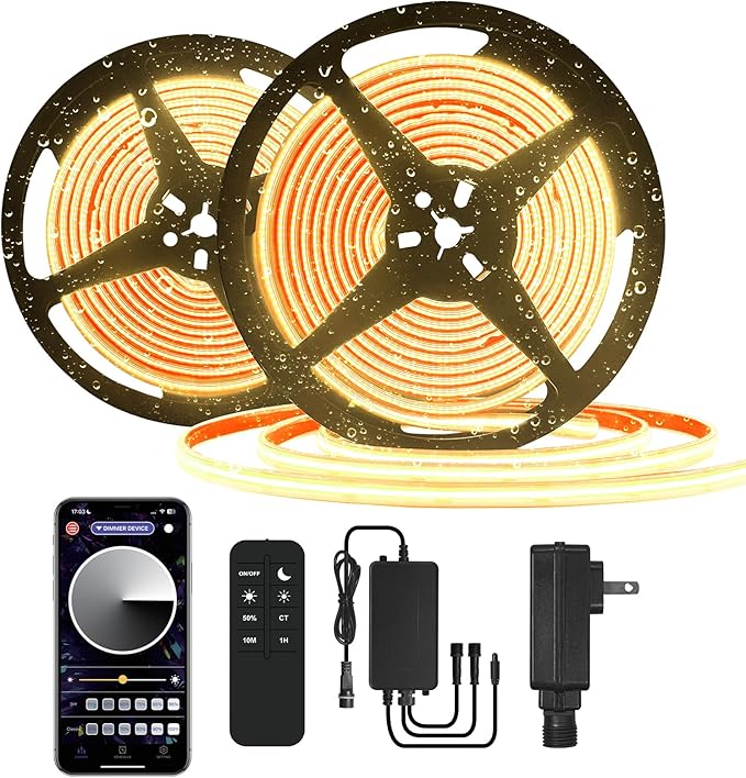 100ft COB Outdoor LED Strip IP67 Waterproof, 3000K Warm Whit DC24V Flexible LED Rope Strips with Remote & App Control Dimmable, DIY Lighting for Indoor, Outdoor, Garden, Patio（2 Rolls）