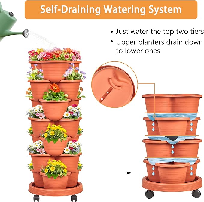 VECELO 7 Tier Vertical Garden Planter, Self Watering Stackable Planters with Wheels for Strawberries, Herbs, Flowers, Vegetables, Red