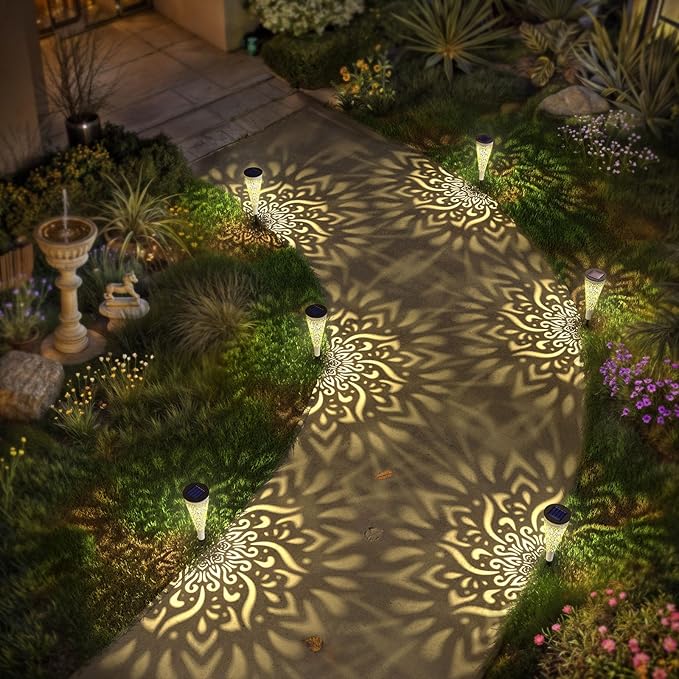 6 Pack Solar Lights Outdoor Garden Decorative Mandala Solar Garden Lights with Warm Light Waterproof Solar Pathway Landscape Light for Path Patio Backyard Walkway Yard Decor (White)