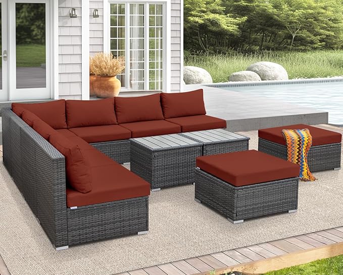 NICESOUL 11 Piece L Shape Patio Furniture Set, 29.3'' High Back Comfy Rattan Outdoor Conversations, Big Size Deep Seated Contemporary Sectionals for Backyard Deck Porch, 2 Color Cushion Red & Gray