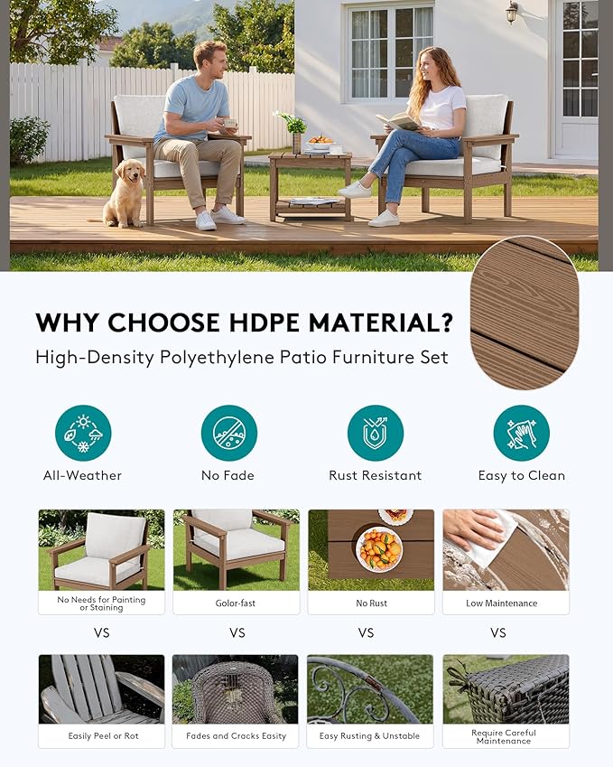 SERWALL HDPE Patio Sofa Set, 3-piece Sectional Outdoor Furniture Set, All Weather Outdoor Couch Set Patio Furniture Set for Deck, Lawn, Brown Frame with Khaki Cushion