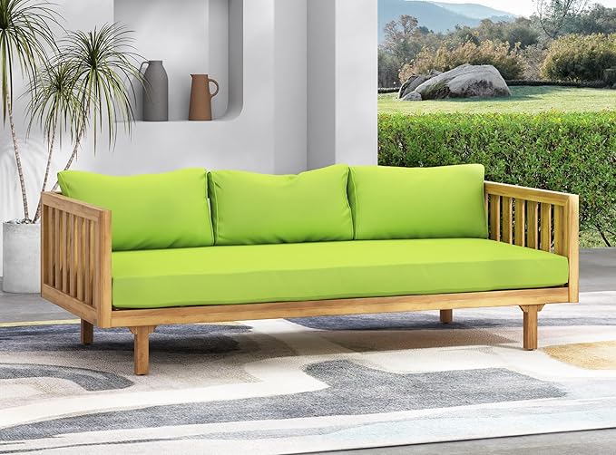 Merax Outdoor 3 Seater Daybed, Acacia Wood Day Bed Couch Sofa with Cushions for Patio Backyard, Garden, Green