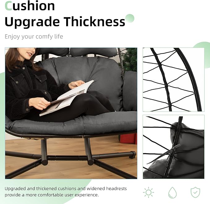 Double Egg Chair with Stand Hammock Swing Chair Foldable Hanging Loveseat, UV Resistant Removable Cushions, 700LBS Capacity for Bedroom, Balcony, Garden(BK-GR)