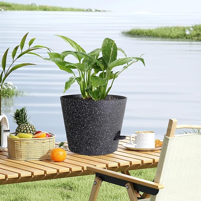12 inch Large Self Watering Pots, Plant Pots with Mesh Drainage Holes for Indoor Outdoor Plants, Plastic Planters with Deep Reservoir for Garden House Flower Plants, Speckled Black