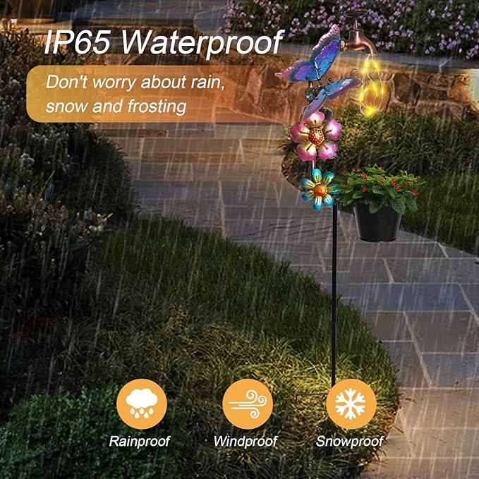 Afirst Solar Outdoor Lights Decorative - Solar Decorative Butterfly Lights Faucet Shaped Twinkling Light Garden Stake Decorations for Pathway Lawn Patio Courtyard Backyard