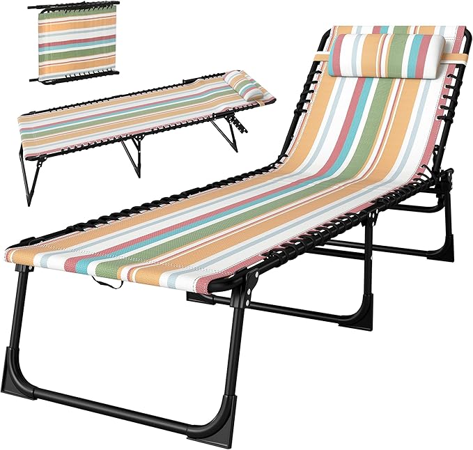 Outsunny Folding Chaise Lounge Chair, Patio Sun Tanning Chair, Outdoor Chaise Lounger with 4-Position Reclining Back, Breathable Mesh Seat for Beach, Poolside, Yard, Rainbow Striped