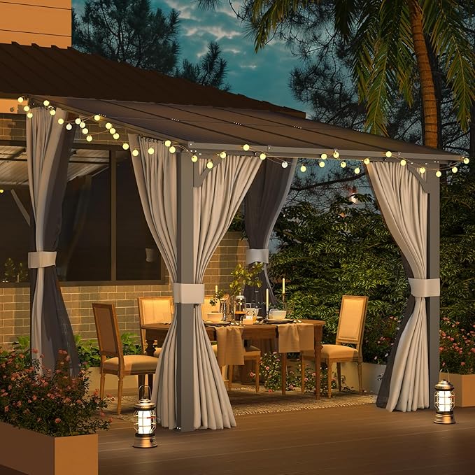 AECOJOY 8' X 8' Gazebo for Patio, Small Wall-Mounted Lean to Pergola 8x8 Gazebo with Curtains and Netting, Hard Top Gazebo on Clearance for Lawn Backyard Garden Deck