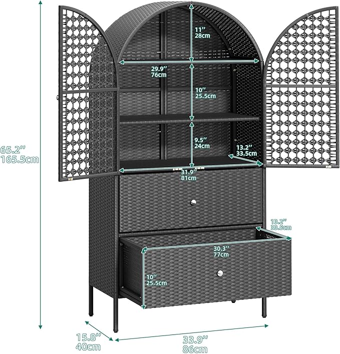 YITAHOME 65 Inch Outdoor Storage Shed, Arched Wicker Stand-Up Pantry with 3 Shelves & 2 Drawers, Rustic Storage Cabinet Patio Furniture for Backyard Garden Patio Lawn (Black)