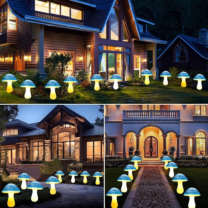 Solar Mushroom Lights Garden Decor 8 Blue Crack Mushrooms Outdoor Decor Stake Lights, Waterproof Solar Pathway Light Gardening Gifts for Landscape Easter Gnomes Yard Halloween Christmas Decorations