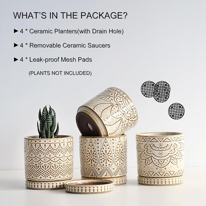 Gepege 4 Inch Small Indoor Succulent Ceramic Planter Pot with Drainage Holes and Saucers for Plants, Birthday for Women Mom