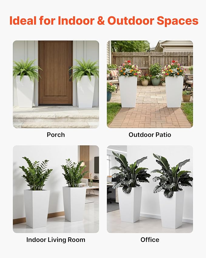 VEVOR 30 inch Tall Planters for Outdoor Plants Set of 2, White Tall Planter for Indoor Plants, Modern Large Planters for Front Porch Patio Balcony, Plant Container Flower Pots with Built-in Drainage