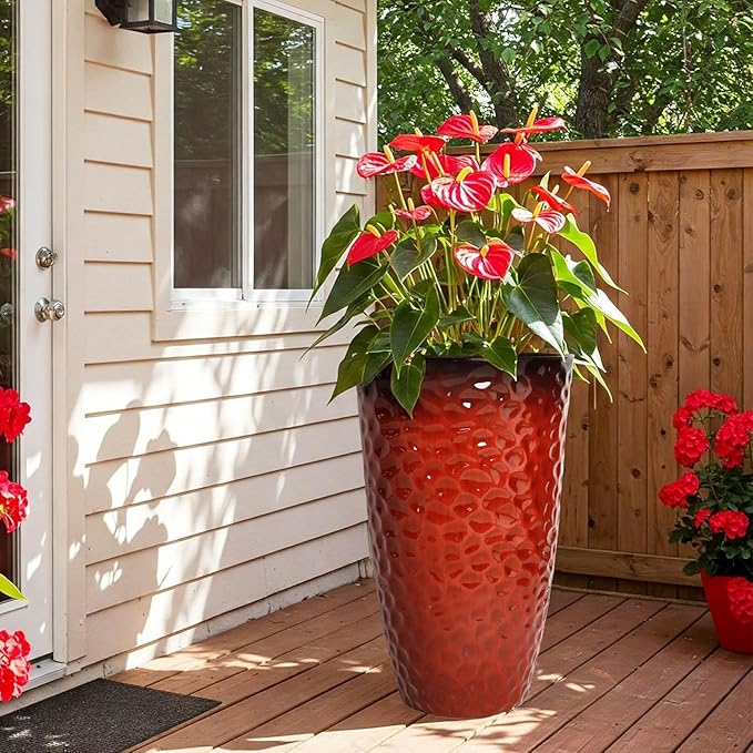 Worth 2 Pack 24" Tall Large Plastic Planter with Drainage Hole, Round Decorative Flower Plant Pit for Indoor or Outdoor Gardening, Glossy Red