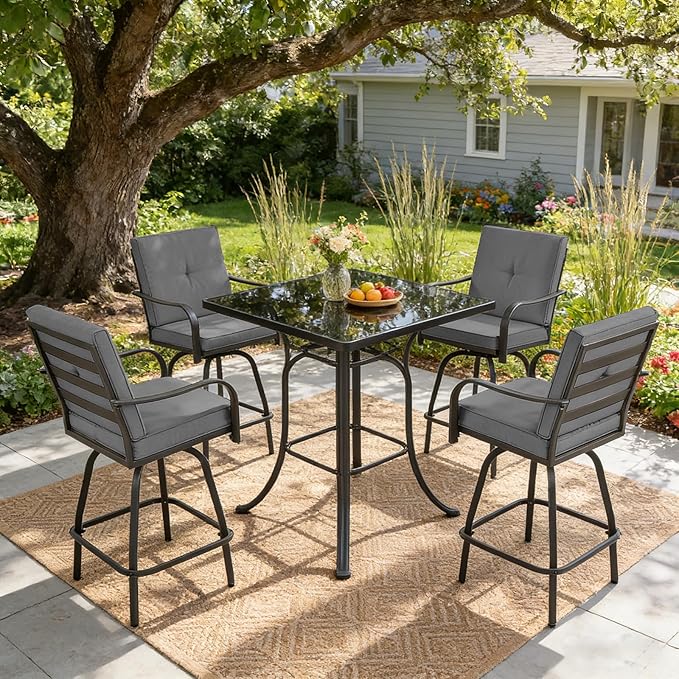 Patio Swivel Bar Stools Set of 4, Outdoor Bar Height Swivel Chairs with Cushions for Garden Balcony Backyard, Grey
