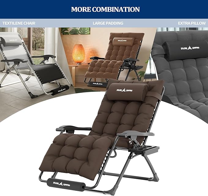 UDPATIO Oversized Zero Gravity Chair 29In XL Patio Reclining Chair with Cushion, Outdoor Folding Recliner with Pillows|Cup Holder|Foot Rest|Padded Headrest, Brown Grey, Support 500LB