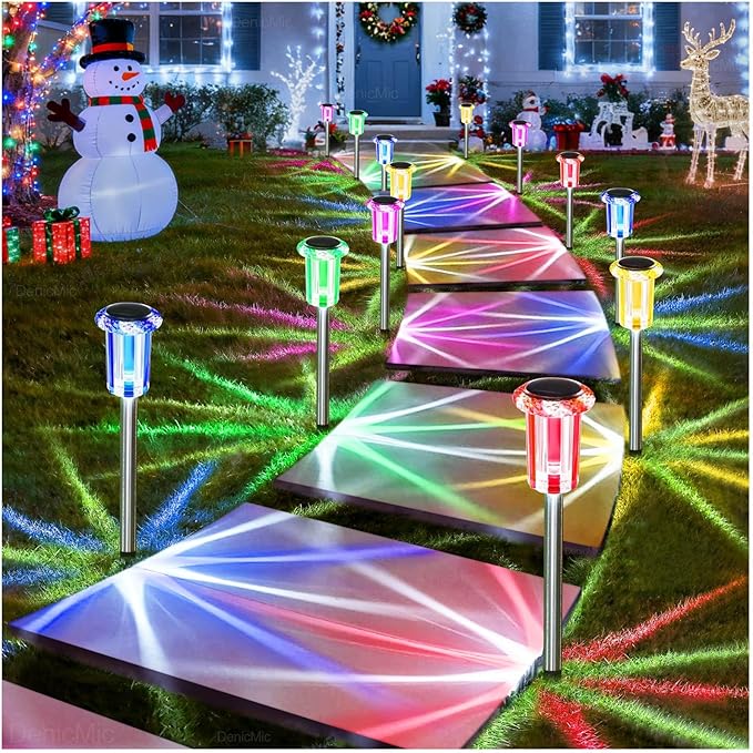 DenicMic Solar Lights Outdoor 10 Pack Waterproof Color LED Stainless Steel Stake Outside Lights for Yard Pathway Garden Driveway Walkway Landscape Path Lighting Christmas Decorations