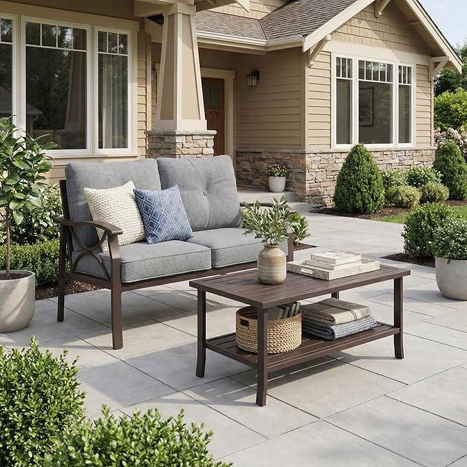 RoyalCraft 2-Pieces Outdoor Patio Furniture Set, Outdoor Metal Sectional Furniture with Cushions, Outdoor Conversation Set with Coffee Table for Backyard, Garden, Balcony, Deck, Grey