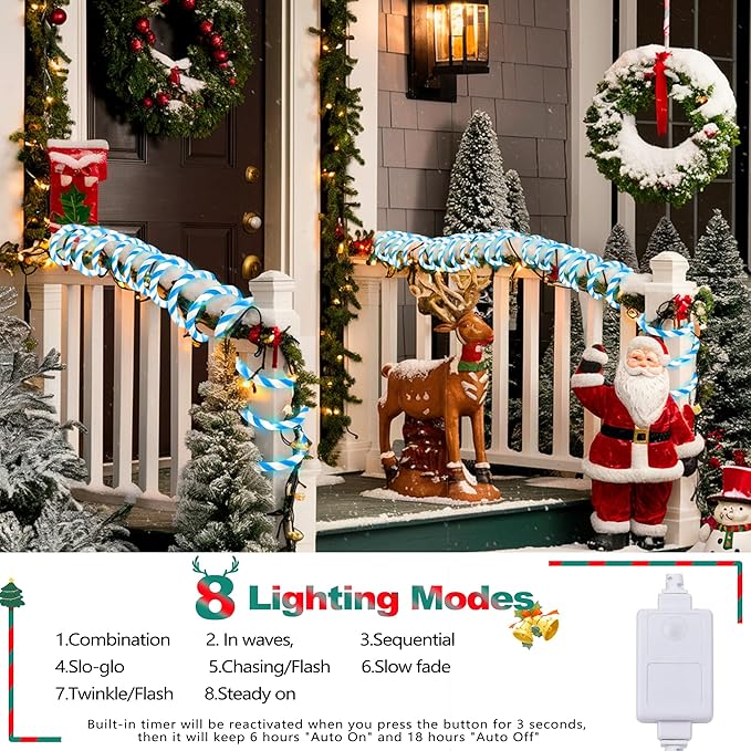 Jnaurb Christmas Candy Cane Lights, 66ft 480 LED Connectable Flexible White & Blue Candy Cane Rope Lights for Outside, 8 Modes Waterproof LED Christmas Light for Garden Patio Tree Holiday Party Decor