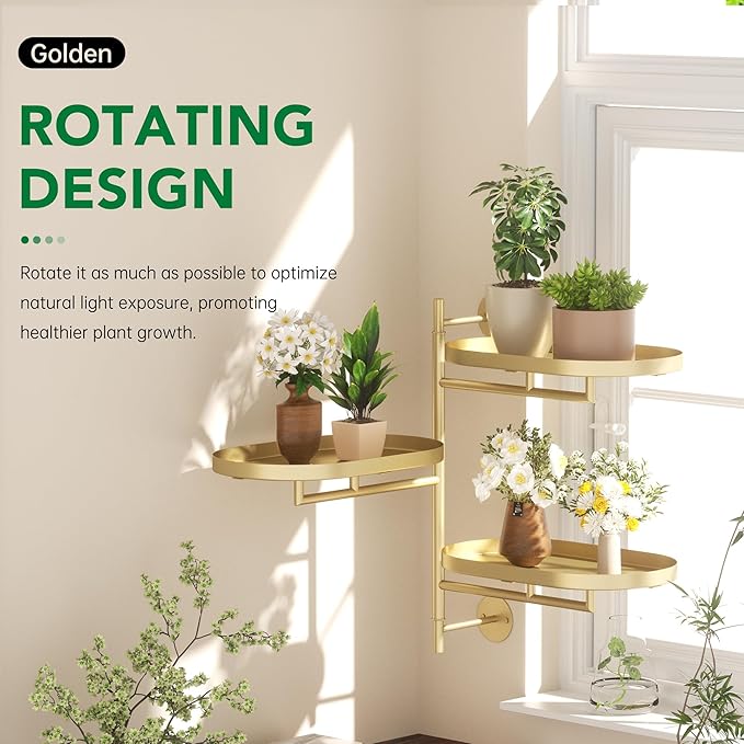 Rotating Window Wall Plant Shelves Stand Holder, 3 Tiered Metal Gold Floating Plant Shelf Hanger Indoor , Window Sill Gifts