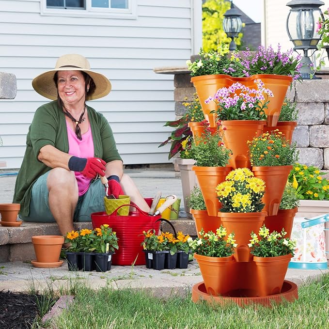 Umigy 2 Set 5 Tier Stackable Planters Vertical Garden Planters for Strawberry Herb Flower and Vegetable Indoor Outdoor Gardening Pots with Removable Wheels and Bottom(Terracotta)