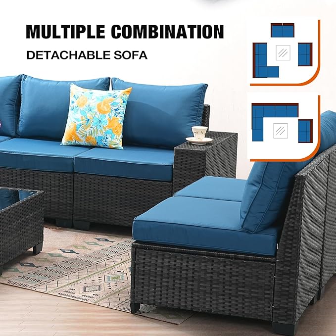 9 Pieces Patio Furniture Set All-Weather Outdoor Wicker Sectional Conversation Sofa Rattan Patio Seating Sofa with Cushion and Glass Table for Porch Poolside,Peacock Blue