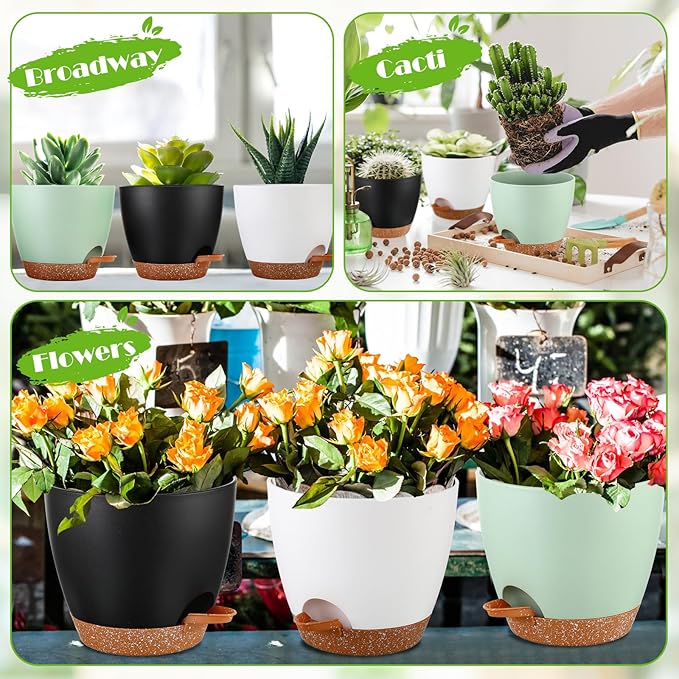 Remerry 15 Pcs 7/6.5/6/ 5.5/5 Inch Self Watering Planters with Drainage Hole Plant Pots Plastic Flower Pots Indoor Plant Pots Self Watering Pots and Saucer Reservoir for Indoor Outdoor Plant Flower