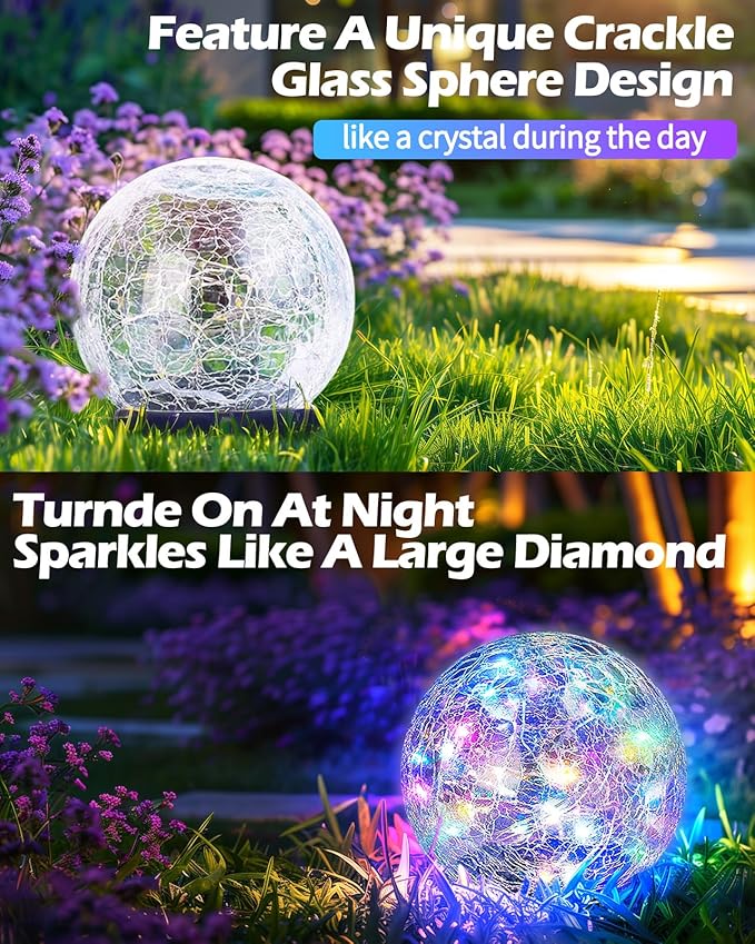 Coroor Garden Solar Ball Lights Outdoor Waterproof, 30 LED Cracked Glass Globe Solar Power Ground Lights for Path Yard Patio Lawn, Christmas Decoration Landscape Colorful (2 Pack 3.9'')